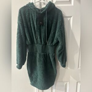 SHEIN Dark Green Plush Hooded Sweatshirt Dress